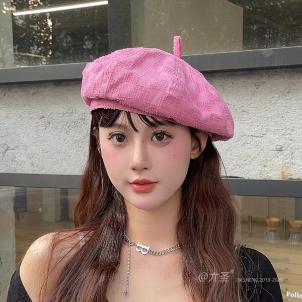 日系可爱钩花格前进帽女春夏薄款复古时尚鸭舌帽韩国百搭画家帽潮
