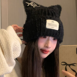 猫耳金属蝴蝶结毛线帽冬季保暖百搭潮流帽卡通可爱帽子韩版高级感