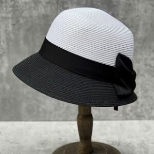夏季日系遮阳防晒草帽女赫本风短檐礼帽灯罩盆帽缎布蝴蝶结渔夫帽