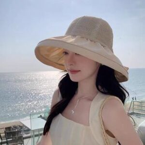 黑胶渔夫帽女夏季防紫外线网红蝴蝶结大帽檐防晒帽镂空折叠遮阳帽